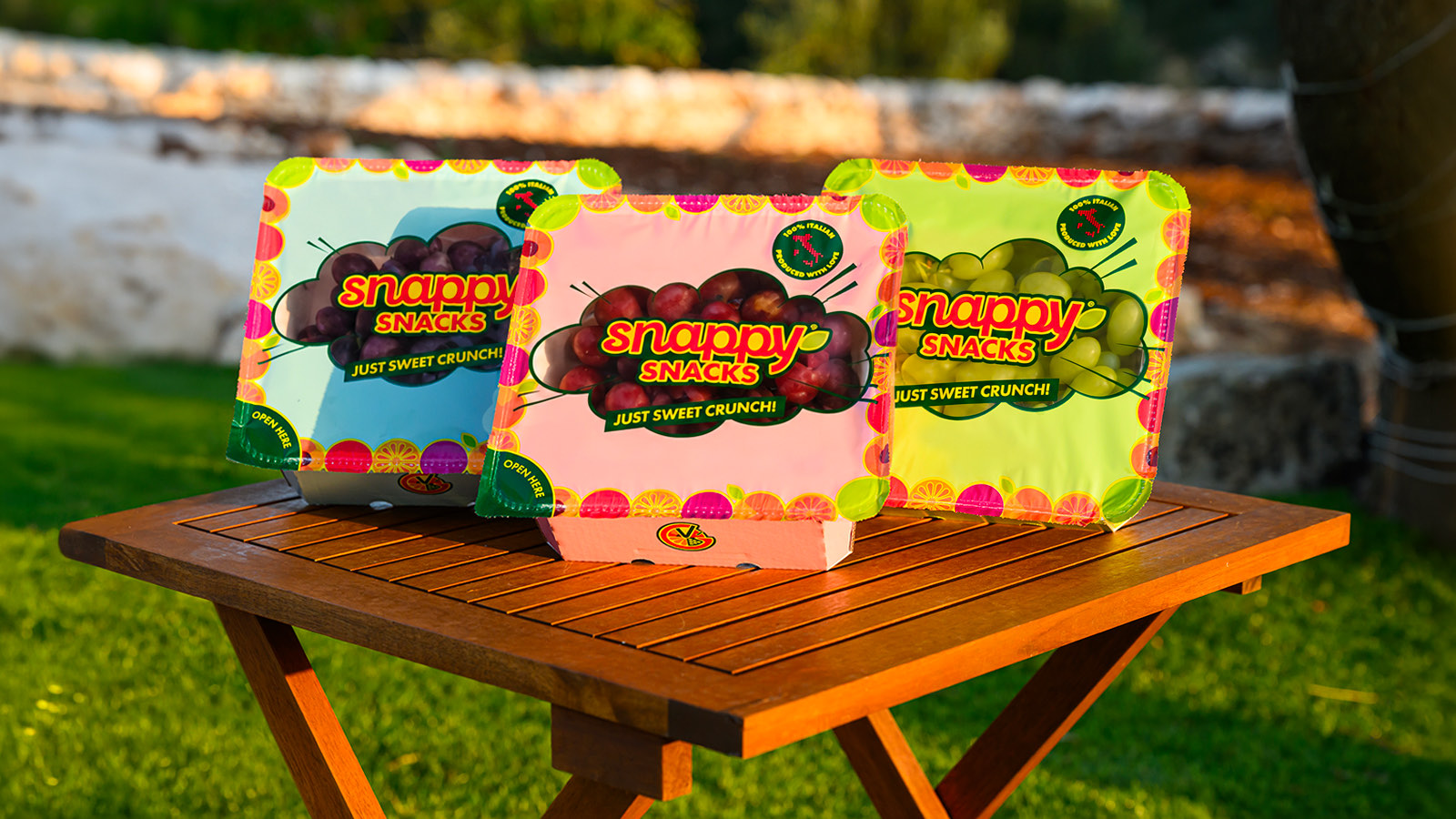 Die drei Snappy Snacks Sorten – schwarze, rote und weiße kernlose Trauben in Snackschalen