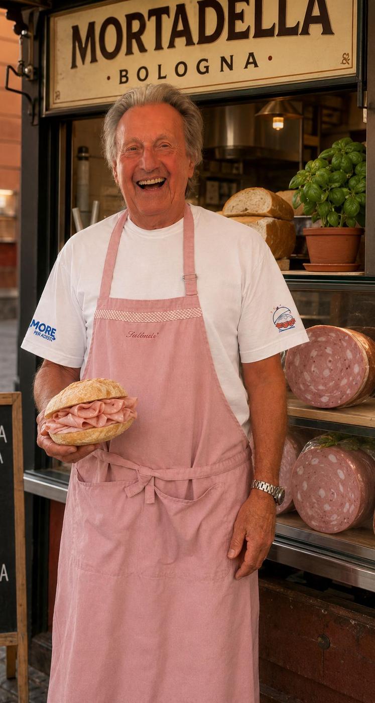 Willie mit einem Mortadella-Panino vor einem Mortadella-Stand in Bologna