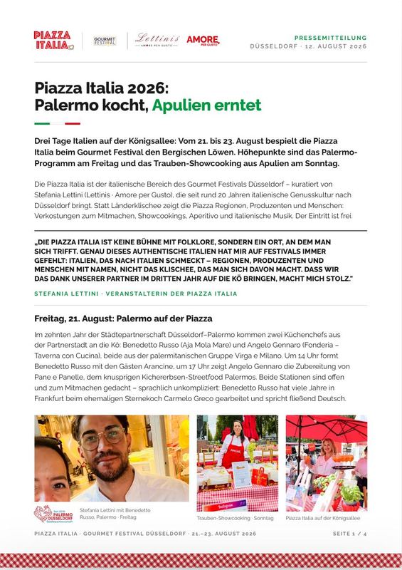 Erste Seite der Pressemitteilung zur Piazza Italia 2026